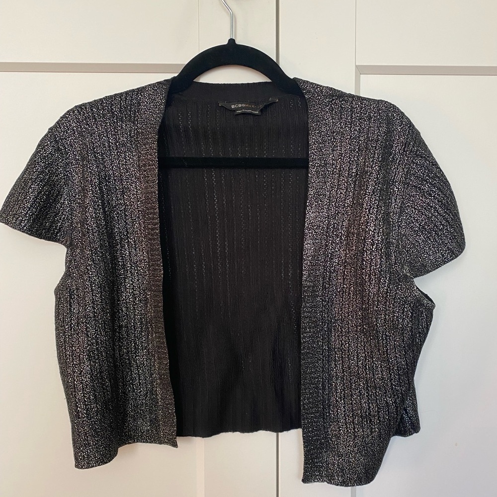 BCBG Max Azaria black & silver cap-sleeve cardigan size M